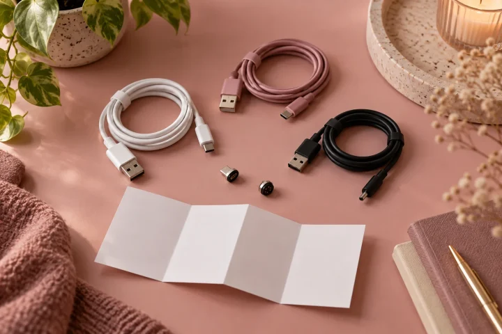 Câbles USB et embouts de recharge disposés sur une table rose.