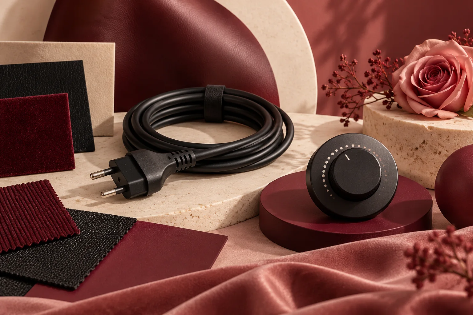 Illustration de matières noires et bordeaux et d’un câble électrique débranché.