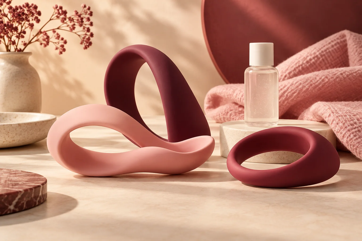 Illustration de matières souples roses et d’accessoires de soin non marqués.