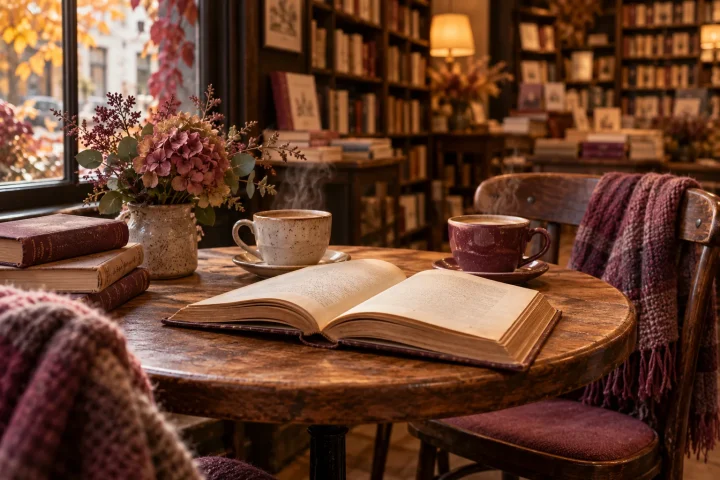 Un livre ouvert et deux tasses dans une librairie chaleureuse.