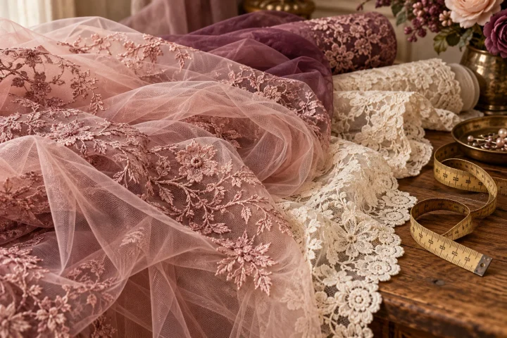 Échantillons de tulle et de dentelle avec un mètre de couture.