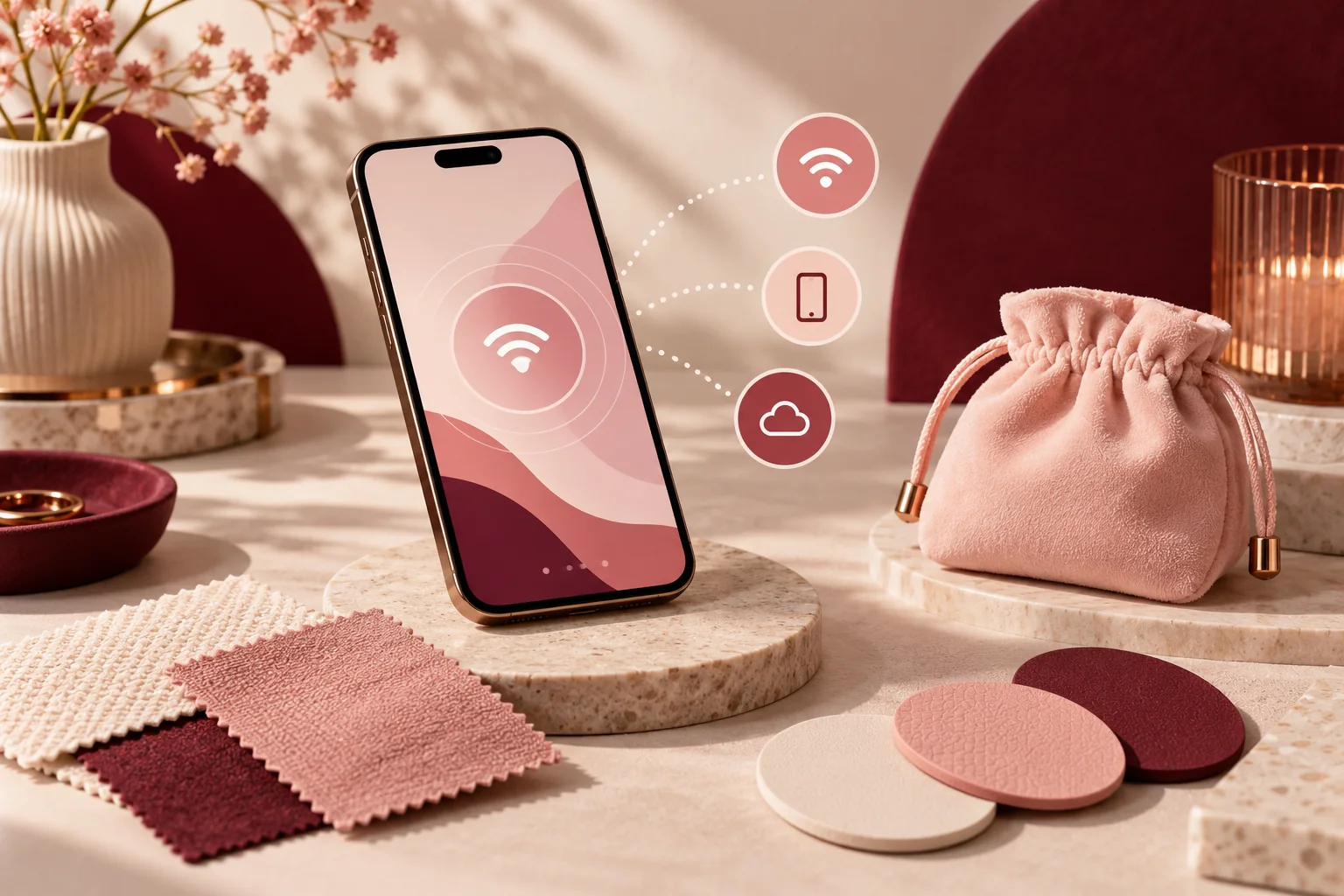 Illustration d’un téléphone aux symboles abstraits et d’une pochette rose.