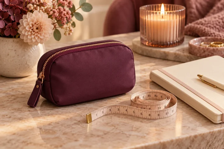 Une pochette compacte, un mètre souple et un carnet sur une table.