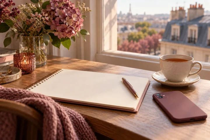 Un carnet ouvert, un stylo et un téléphone près d’une fenêtre.