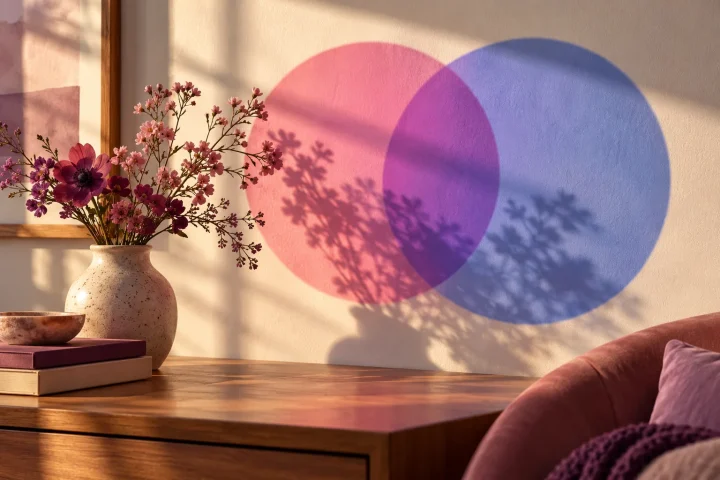 Des cercles translucides rose, violet et bleu se superposent dans la lumière.