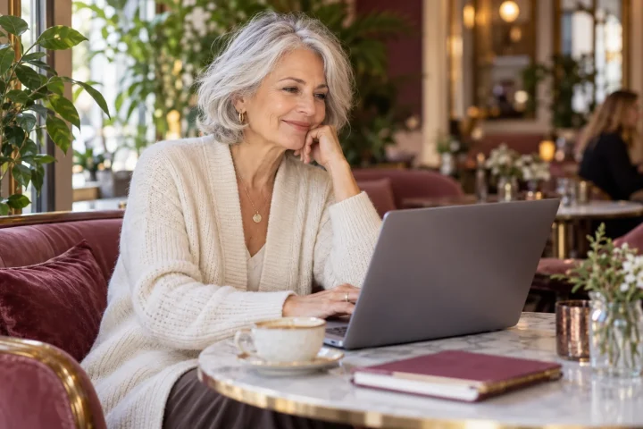 Une femme aux cheveux gris consulte un ordinateur dans un café.